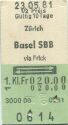 Zürich - Basel SBB und zurück - 1. Klasse 1/2 Preis Fr. 20.00 - Fahrkarte