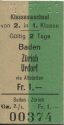 Klassenwechsel von 2. in 1. Klasse Baden Zürich Urdorf via Altstetten - Fahrkarte 1960