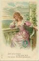 Postkarte - Frau träumend auf dem Balkon