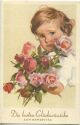 Kind mit einem Rosenstrauß - Künstlerkarte
