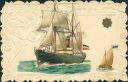 Segelschiff filigran ausgeschnitten und auf eine Prägekarte geklebt