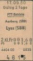 Historische Fahrkarte - Schweizerische PTT-Betriebe - Aarberg (SBB) Lyss (SBB)