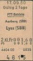 Historische Fahrkarte - Schweizerische PTT-Betriebe - Aarberg (SBB) Lyss (SBB)
