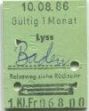 Lyss - Baden und zurück - 1. Klasse 1/2 Preis - Fahrkarte