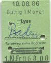Lyss - Baden und zurück - 1. Klasse 1/2 Preis - Fahrkarte