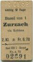 Basel SBB Zurzach via Koblenz - Fahrkarte 2. Klasse 1958
