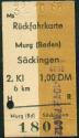 Rückfahrkarte - Murg (Baden) Säckingen - Fahrkarte 1968