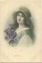 Postkarte - Frau mit Hut und Blumen