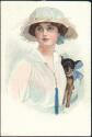 Frau mit Hut und kleinem Hund - Künstlerpostkarte