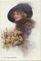 Postkarte - Frau mit Hut - Für Dich gepflückt