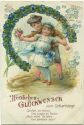 Postkarte - Geburtstag - tanzende Kinder - Glücksklee