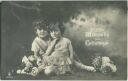 Postkarte - Geburtstage - zwei Kinder mit Blumen