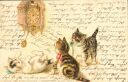 drei junge Katzen - Kuckucksuhr - Aquarell-Postkarte