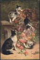 Postkarte - spielende Katzen mit einem Korb voller Rosen
