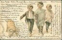 Postkarte - Drei fröhliche Kinder und ein Schwein