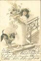 Mädchen mit Blumenstrauss - Hund - signiert M. S. M.