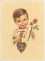 Junge mit einem Lebkuchenherzen und einer Rose - Künstlerkarte