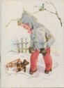 Kind im Schnee mit Spielzeug-Bären und Schlitten - Künstlerkarte