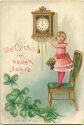 Postkarte - Neujahr - Mädchen - Uhr - Klee