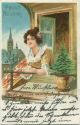 Postkarte - Neujahr - Frau schaut aus einem Fenster