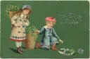 Postkarte - Neujahr - Junge und Mädchen - Klee - Hufeisen