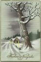 Postkarte - Neujahr - Baum und Haus im Schnee