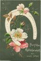 Postkarte - Neujahr - Hufeisen - Rosen