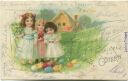 Postkarte - Fröhliche Ostern - Kinder - Ostereier - Küken