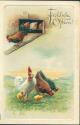 Ostern - Hühner - Hennen - Küken - Prägedruck - Ansichtskarte