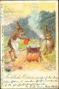 Postkarte - Fröhliche Ostern - Hasen beim Eierfärben