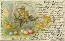 Postkarte - Fröhliche Ostern - Osterhase - Küken als Jockey - Ostereier