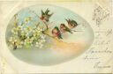 Postkarte - Fröhliche Ostern - Blüten - Vögelchen - Osterei