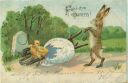 Postkarte - Fröhliche Ostern - Osterhase Küken Schubkarre