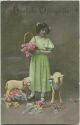 Postkarte - Mädchen mit Blumenkorb - Lämmer