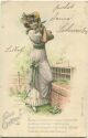 Postkarte - Fröhliche Ostern - Frau mit Hase - Prägedruck