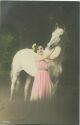 Postkarte - Frau mit Pferd - Schimmel