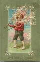 Postkarte - Fröhliche Pfingsten - Junge mit blühenden Zweigen - Prägedruck