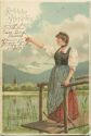 Fröhliche Pfingsten - Frau in Tracht am See - Künstlerkarte