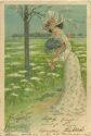 Ansichtskarte - Fröhliche Pfingsten - Frau mit Hut und Regenschirm