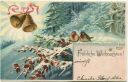 Postkarte - Fröhliche Weihnachten - Glocken Schnee - Wald