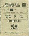 Paris - Comedie des Champs-Elysees - Soiree Mardi 8 Oct. 1963 - Eintrittskarte